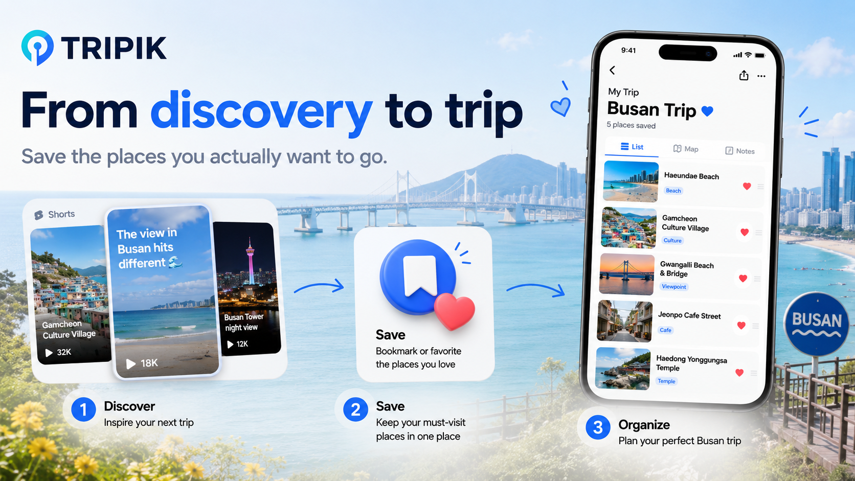 TRIPIK turns short travel video discoveries into a saved Busan trip board.